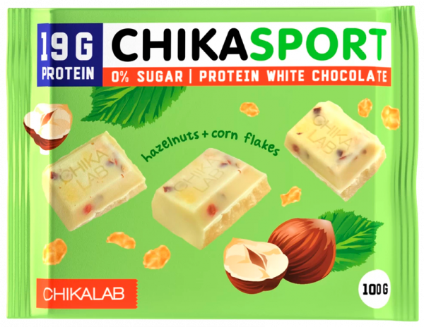 Chikalab Шоколад белый с фундуком и кукурузными чипсами, 100 грамм
